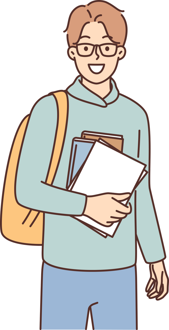 Young guy student with books and backpack is preparing for hike from campus to college or university